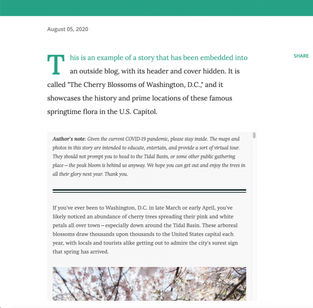 Screenshot of the story "The Cherry Blossoms of Washington, D.C." embedded into Blogger with its header and cover hidden because I've written an introduction within the blog that would make the header and cover repetitive Screenshot of the story "The Cherry Blossoms of Washington, D.C." embedded into Blogger with its header and cover hidden because I've written an introduction within the blog that would make the header and cover repetitive