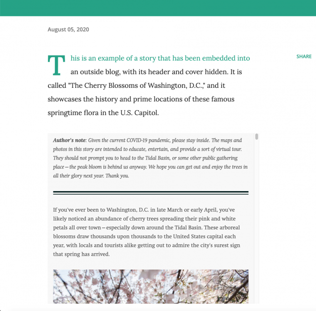 Screenshot of the story "The Cherry Blossoms of Washington, D.C." embedded into Blogger with its header and cover hidden because I've written an introduction within the blog that would make the header and cover repetitive