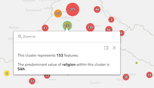 The suggested popup template for a clustered layer with a UniqueValueRenderer. By default, this popup displays the feature count and the predominant value or type of features in the cluster.