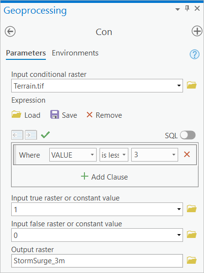 The Con tool in the Geoprocessing pane The Con tool in the Geoprocessing pane