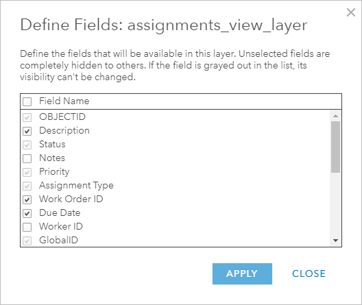 Define Fields window Define Fields window