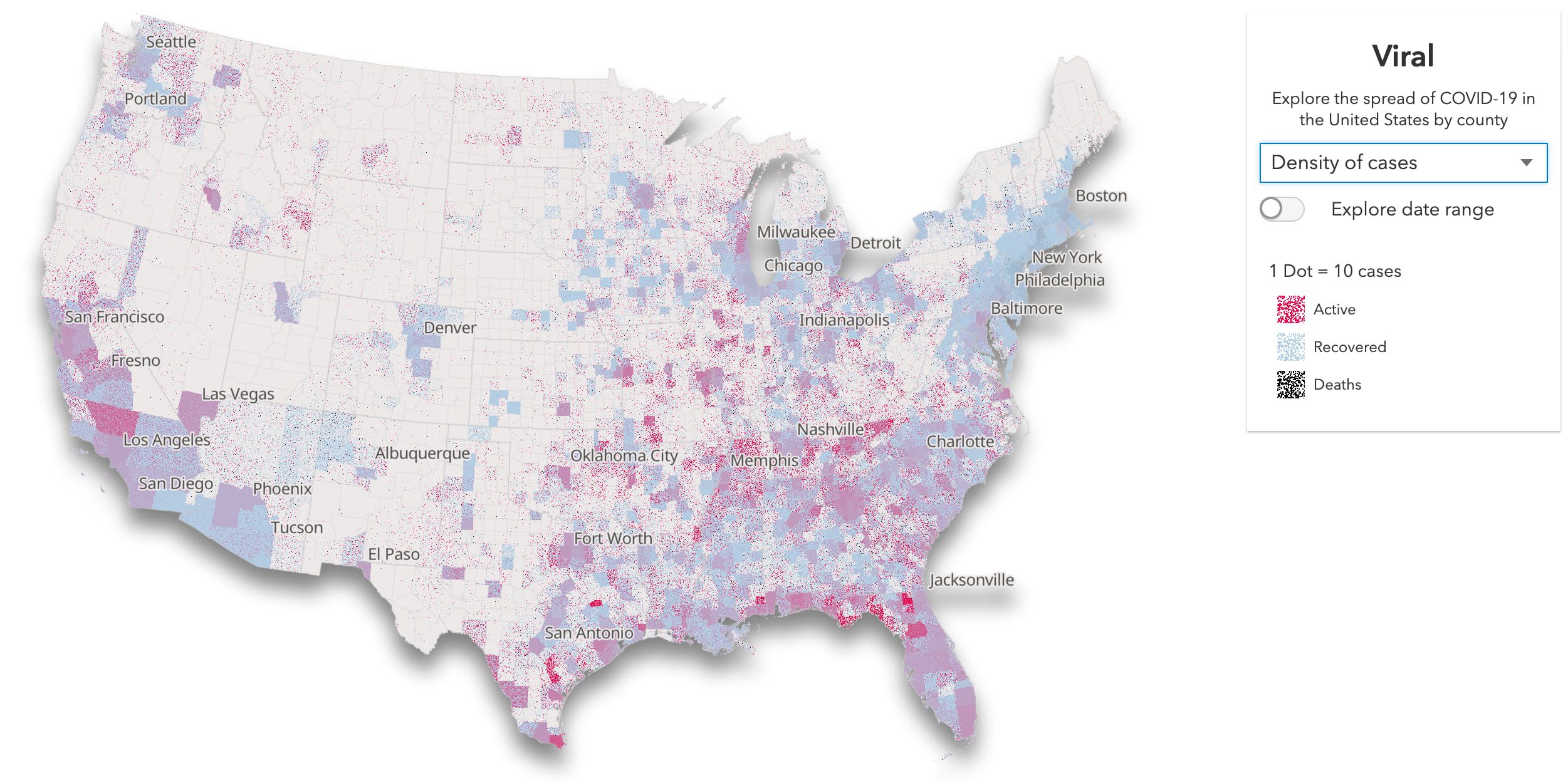 The density of people who tested positive for COVID-19 as of August 8, 2020. One dot = 10 people. Red dots represent those who are actively sick; blue dots are those who have recovered; black dots represent people who have died. The density of people who tested positive for COVID-19 as of August 8, 2020. One dot = 10 people. Red dots represent those who are actively sick; blue dots are those who have recovered; black dots represent people who have died.