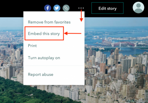 Screenshot of the unfurled header menu in ArcGIS StoryMaps, with the option to "embed this story" highlighted. Screenshot of the unfurled header menu in ArcGIS StoryMaps, with the option to "embed this story" highlighted.