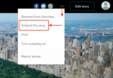 Screenshot of the unfurled header menu in ArcGIS StoryMaps, with the option to "embed this story" highlighted.