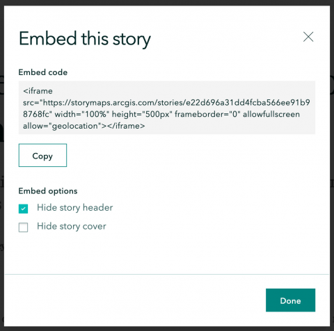 Screenshot of modal to copy embed code for a story in ArcGIS StoryMaps