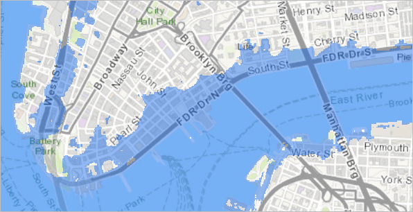 Map with storm surge in blue