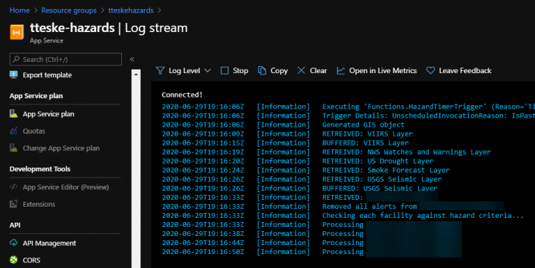 Example output of the Log stream when successfully running the function.