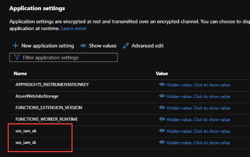 The two application settings (outlined in red) added to the function in Azure.