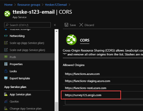 The Survey123 CORS entry outlined in red in Azure.