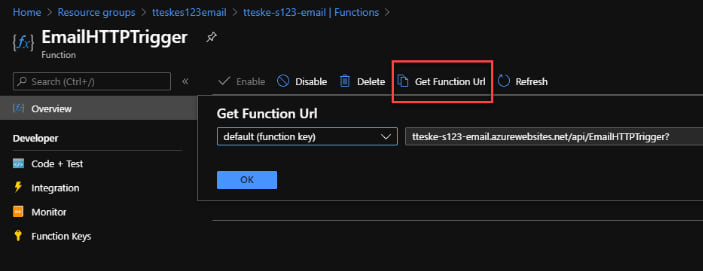 The Get Function URL outlined in red in Azure.