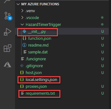 Files generated when creating a new Azure Function. Three files are outlined in red.