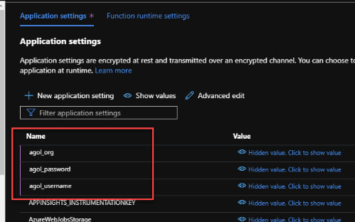 The three application settings (outlined in red) added to the function in Azure.
