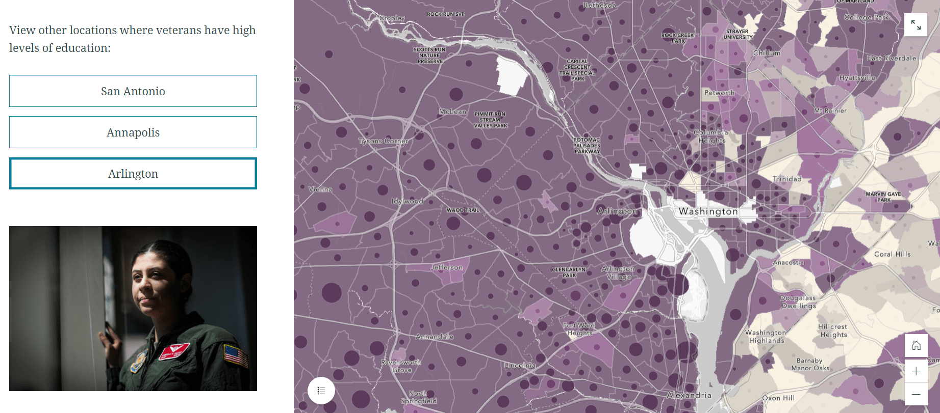 Buttons in the side car that say "Annapolis" and "Arlington" that a reader would have to click on to be taken to that location in the map. Buttons in the side car that say "Annapolis" and "Arlington" that a reader would have to click on to be taken to that location in the map.