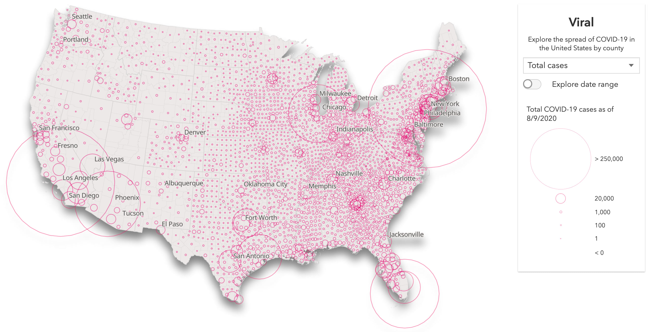 Total reported COVID-19 cases as of August 8, 2020. The size of each icon indicates the number of reported cases since January 22, 2020.