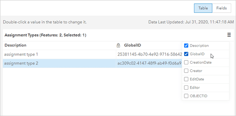 Data tab for Assignment Types table