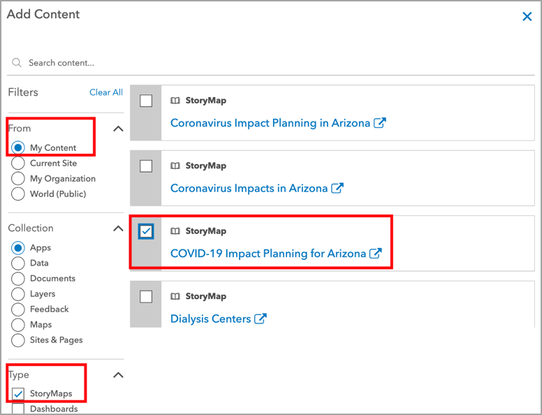 Image from ArcGIS Hub adding story to hub site Image from ArcGIS Hub adding story to hub site