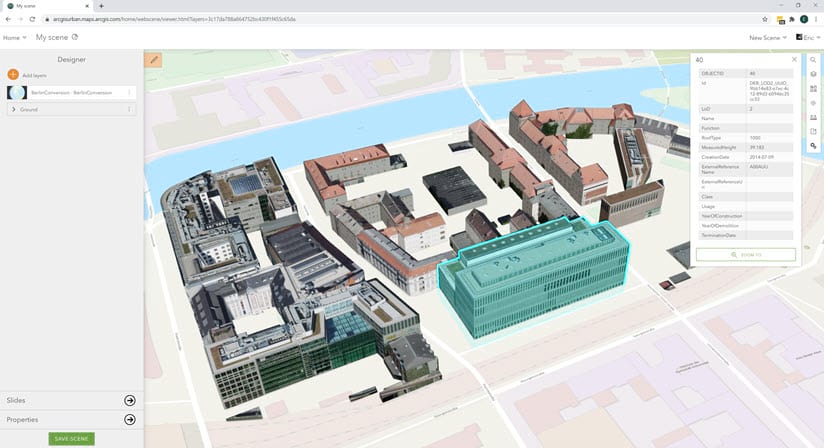 Converted CityGML data shared as a scene service.