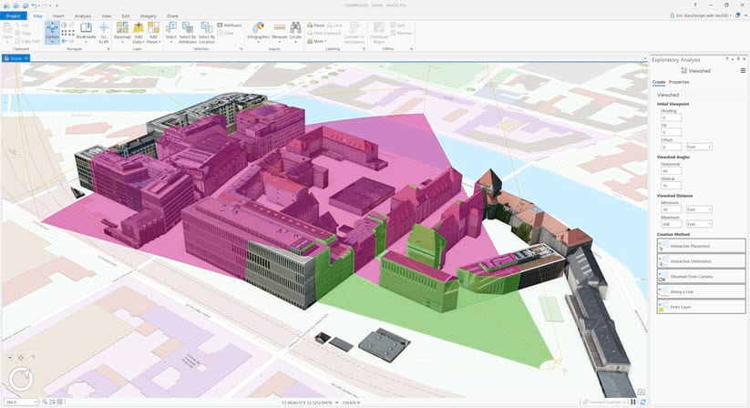 A viewshed analysis performed on CityGML data converted to i3s