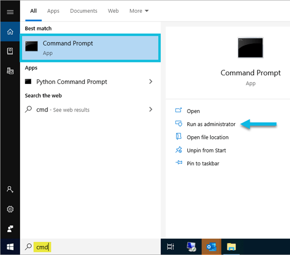 Windows Taskbar search results