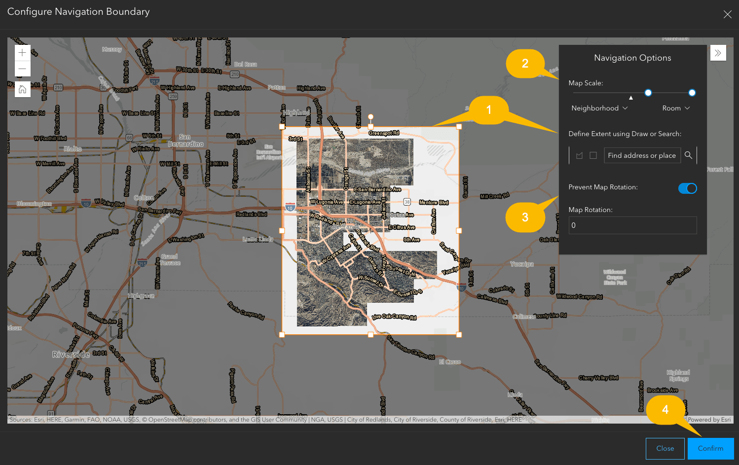 Image of the Configure Navigation Boundary window with available options labeled with numbers