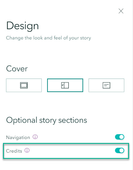 Design Panel -> Optional story sections -> Credits (radio bullet moved to enabled).