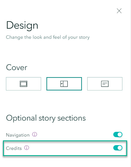 Design Panel -> Optional story sections -> Credits (radio bullet moved to enabled). Design Panel -> Optional story sections -> Credits (radio bullet moved to enabled).