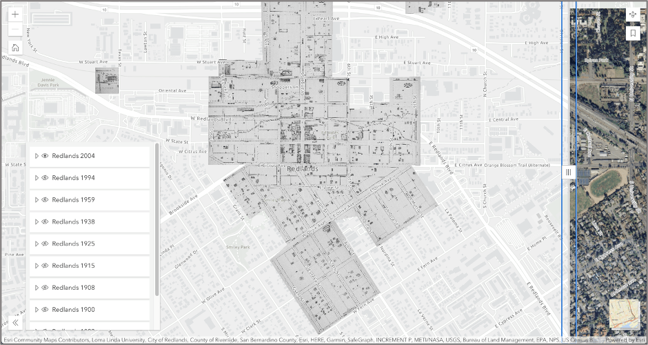 Image of completed Media Map application with City of Redlands historic imagery