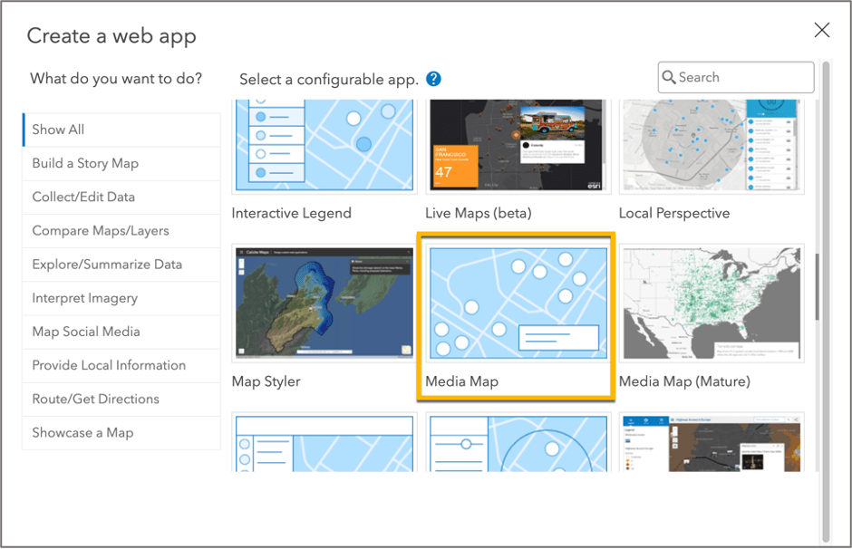 Image of Create a web app window, highlighting Media Map item.