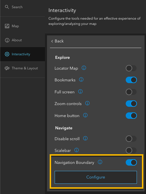 Explore and Navigation section of configuration panel, highlighting Navigation Boundary settings