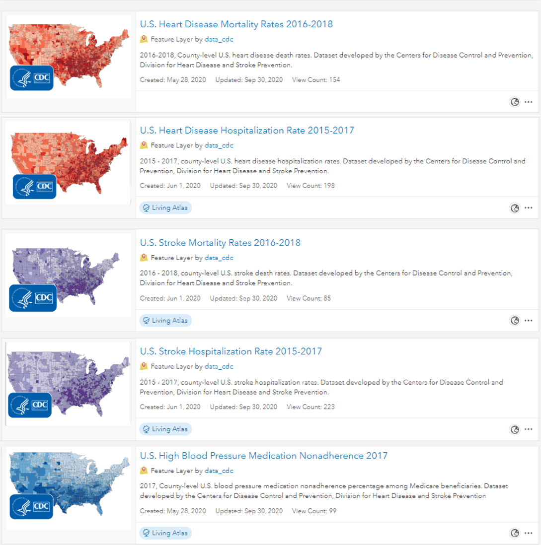 Cards of all five items as they would appear in ArcGIS Online search. Cards of all five items as they would appear in ArcGIS Online search.