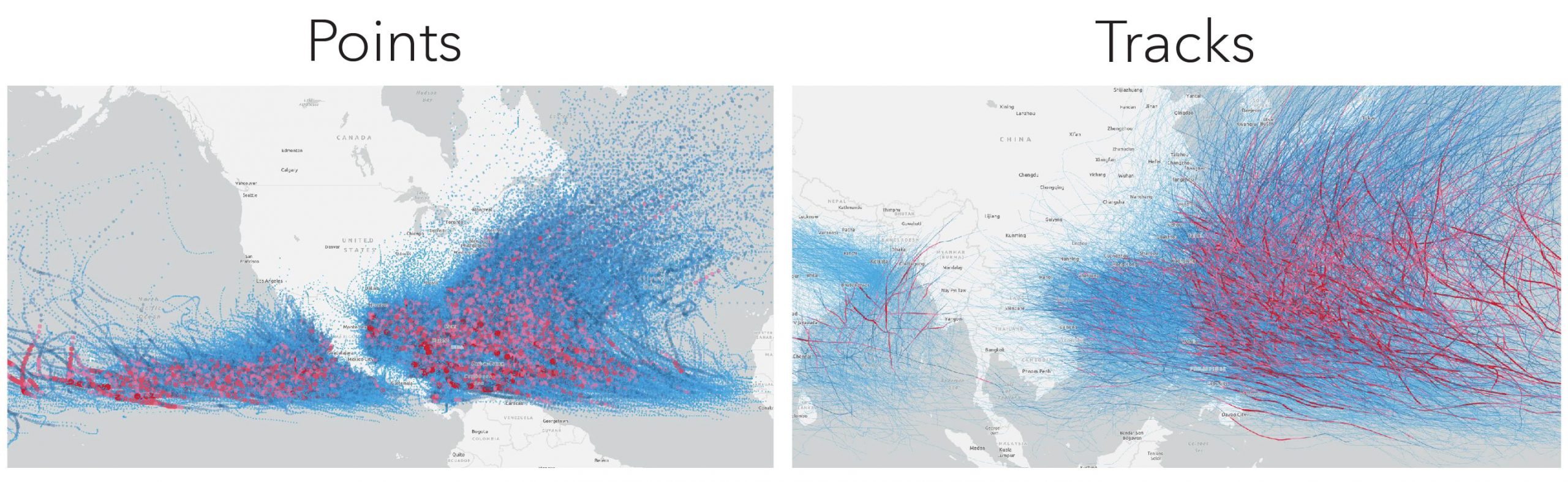 Image of the NOAA archive of cyclones. Points are covering the North Atlantic Basin and the tracks cover the North Indian and Eastern Pacific Basins. Image of the NOAA archive of cyclones. Points are covering the North Atlantic Basin and the tracks cover the North Indian and Eastern Pacific Basins.