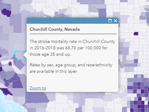 Churchill County, Nevada is selected on the map. The pop-up reads: "The stroke mortality rate in Churchill County in 2016-2018 was 68.70 per 100,000 for those age 35 and up. Rates by sex, age group, and race/ethnicity available in the layer." Churchill County, Nevada is selected on the map. The pop-up reads: "The stroke mortality rate in Churchill County in 2016-2018 was 68.70 per 100,000 for those age 35 and up. Rates by sex, age group, and race/ethnicity available in the layer."