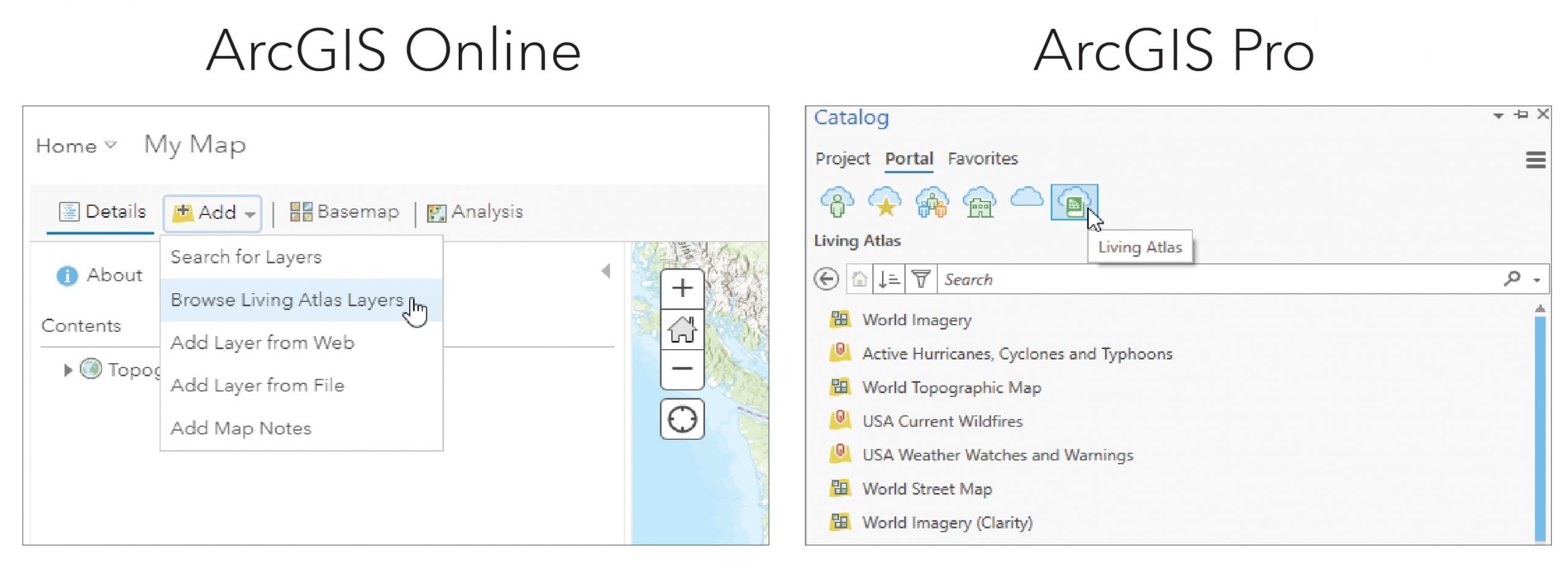This image shows the two windows in ArcCatalog and ArcGISOnline from which to directly add in Living Atlas layers This image shows the two windows in ArcCatalog and ArcGISOnline from which to directly add in Living Atlas layers