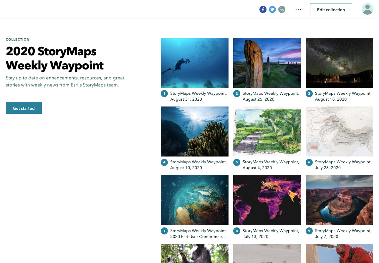 Screenshot of the ArcGIS StoryMaps Weekly Waypoint collection Screenshot of the ArcGIS StoryMaps Weekly Waypoint collection