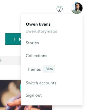 ArcGIS StoryMaps profile menu