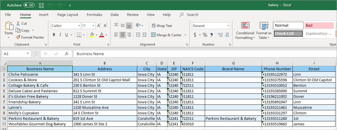 Spreadsheet from SafeGraph data