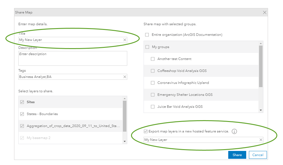 Share map dialog box