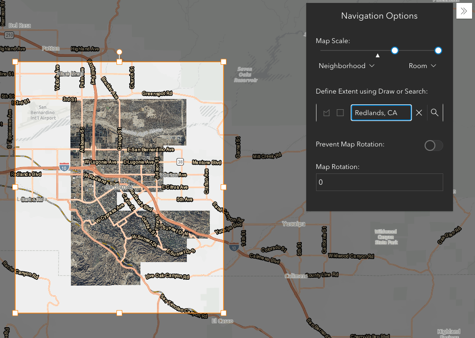 Image of the Navigation Boundary window with boundary centered on Redlands, CA using the Search tool