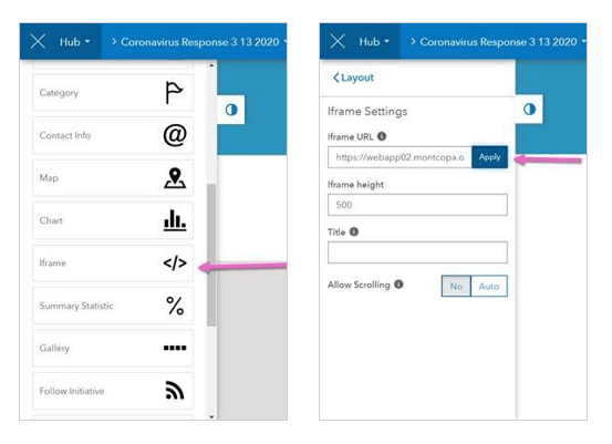 ArcGIS Hub menu showing process for inserting iframe cards