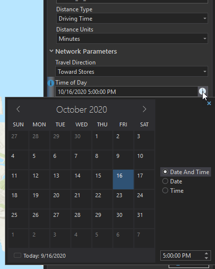 Tool Network Parameters with date and time selected.