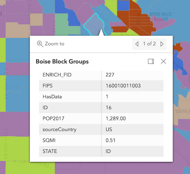 The default popup template for a layer displays a scrollable table of all the attributes and values in the feature. This template can help developers familiarize themselves with the data, but it shouldn't be used for production apps.