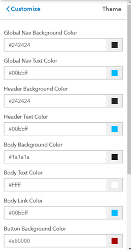 Screenshot of adjusting theme color settings to headers, backgrounds, body sections, and more by applying colors' hex values for branding. Screenshot of adjusting theme color settings to headers, backgrounds, body sections, and more by applying colors' hex values for branding.