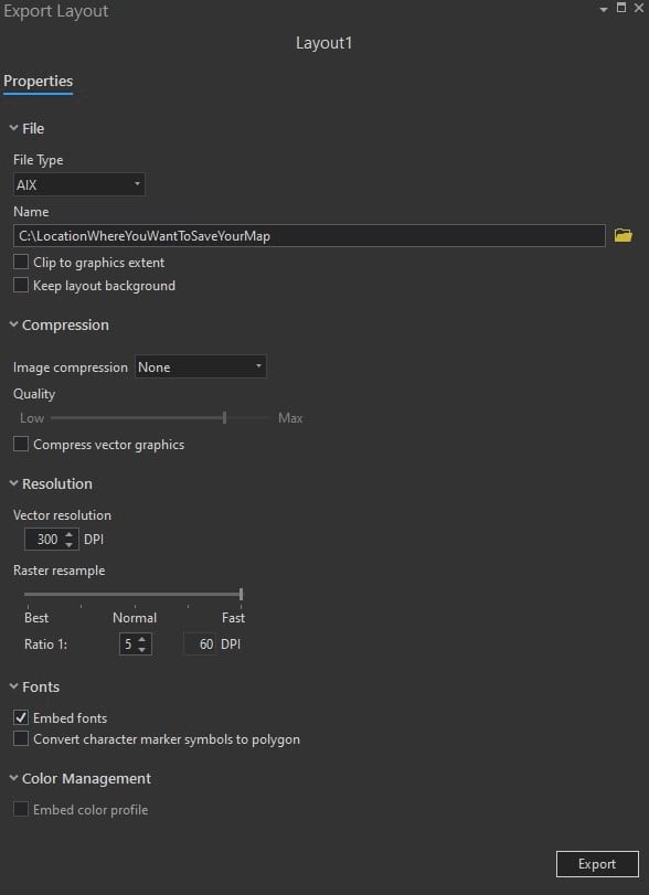 Pro share dialog settings for AIX export Pro share dialog settings for AIX export