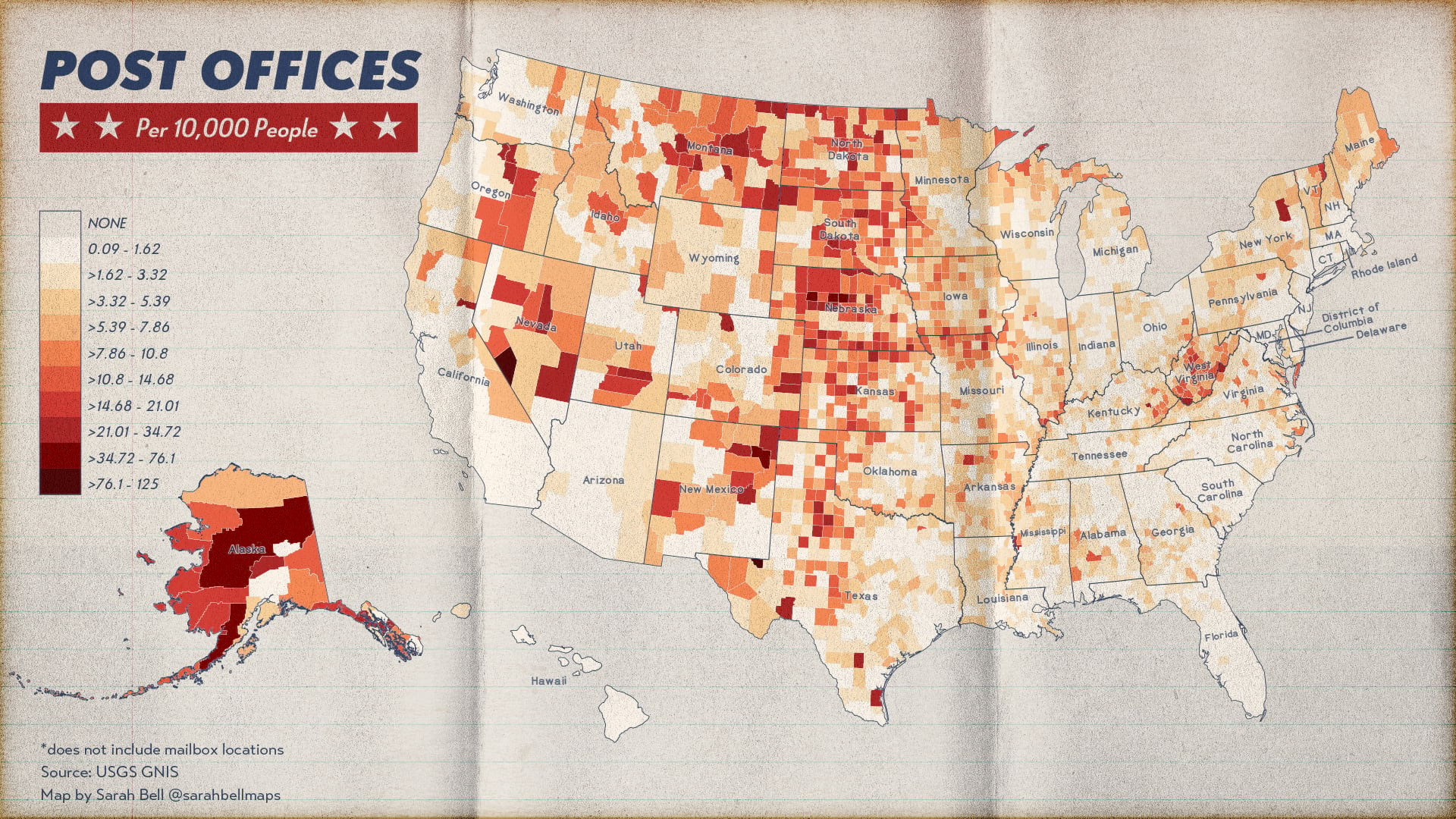 Post offices per 10,000 people