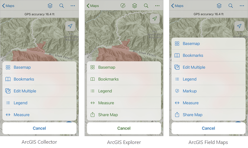 Collector, Explorer, and Field Maps overflow menus Collector, Explorer, and Field Maps overflow menus