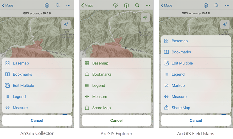 Collector, Explorer, and Field Maps overflow menus