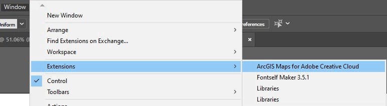 Selecting Extensions from Illustrator Windows menu to find the mapping plugin Selecting Extensions from Illustrator Windows menu to find the mapping plugin