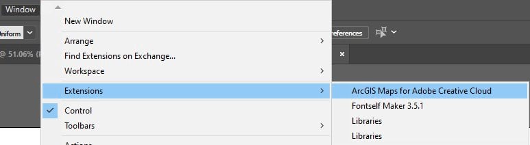 Selecting Extensions from Illustrator Windows menu to find the mapping plugin