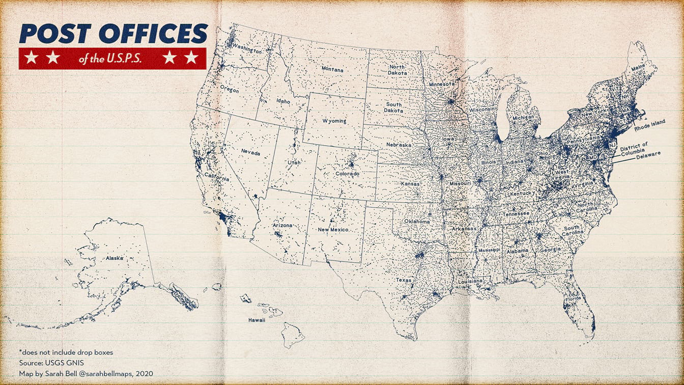 Point map of usa post office locations