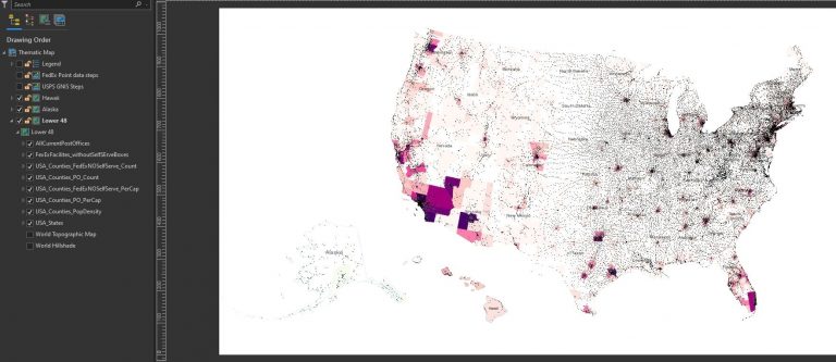 ArcGIS Pro with thematic map layout of post office points and county polygons ArcGIS Pro with thematic map layout of post office points and county polygons